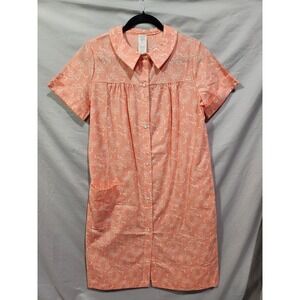 Vtg Sears Koffee Snap Housecoat Floral Ribbons Peach 9/10‎ Pocket Short Sleeved